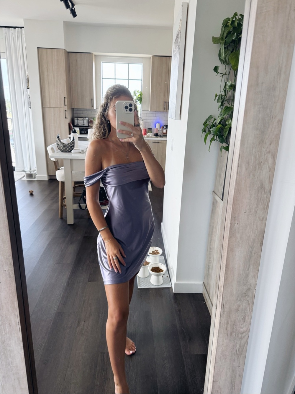 OQQ Fitness Off-Shoulder Lavender Satin Mini Dress (Size Small)